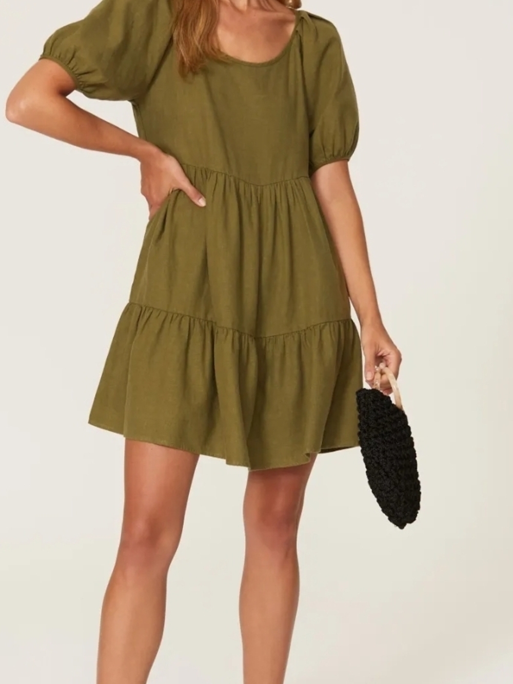Olive Green Puff-Sleeve Tiered Mini Dress
